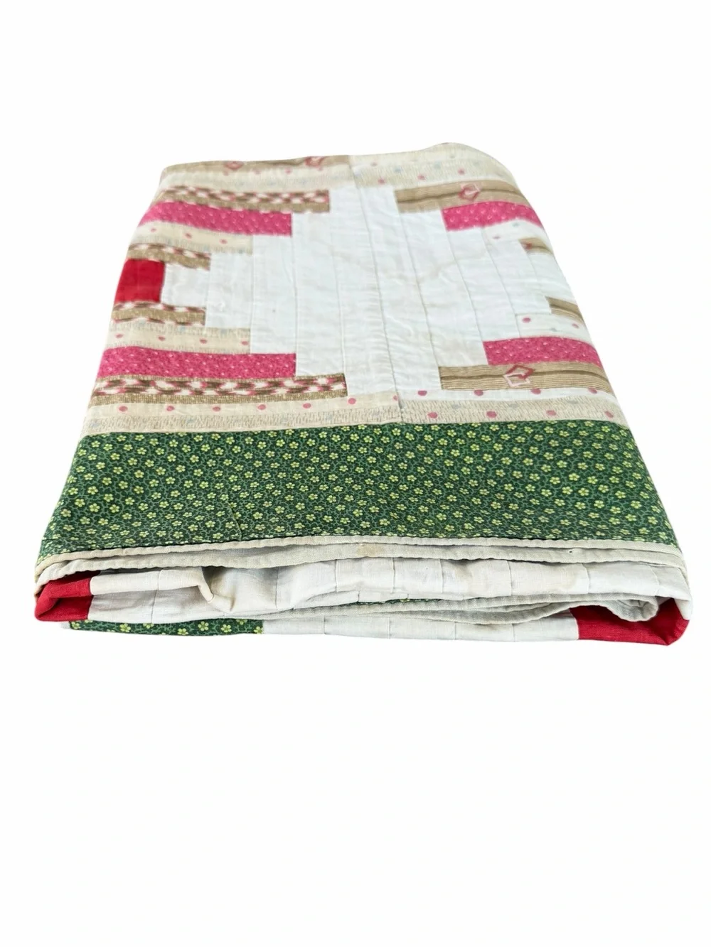 Vintage Courthouse Steps Log Cabin Quilt Hand Sewn Thin Red Green 41x64 FLAWS